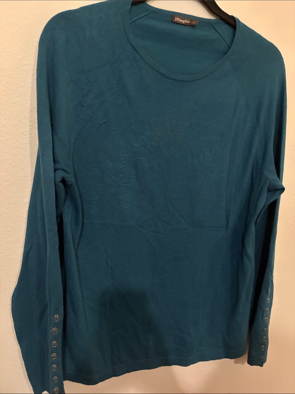 J. McLaughlin Long Sleeve Jamey Crewneck Sweater in Teal with Button Cuff - Picture 6 of 8